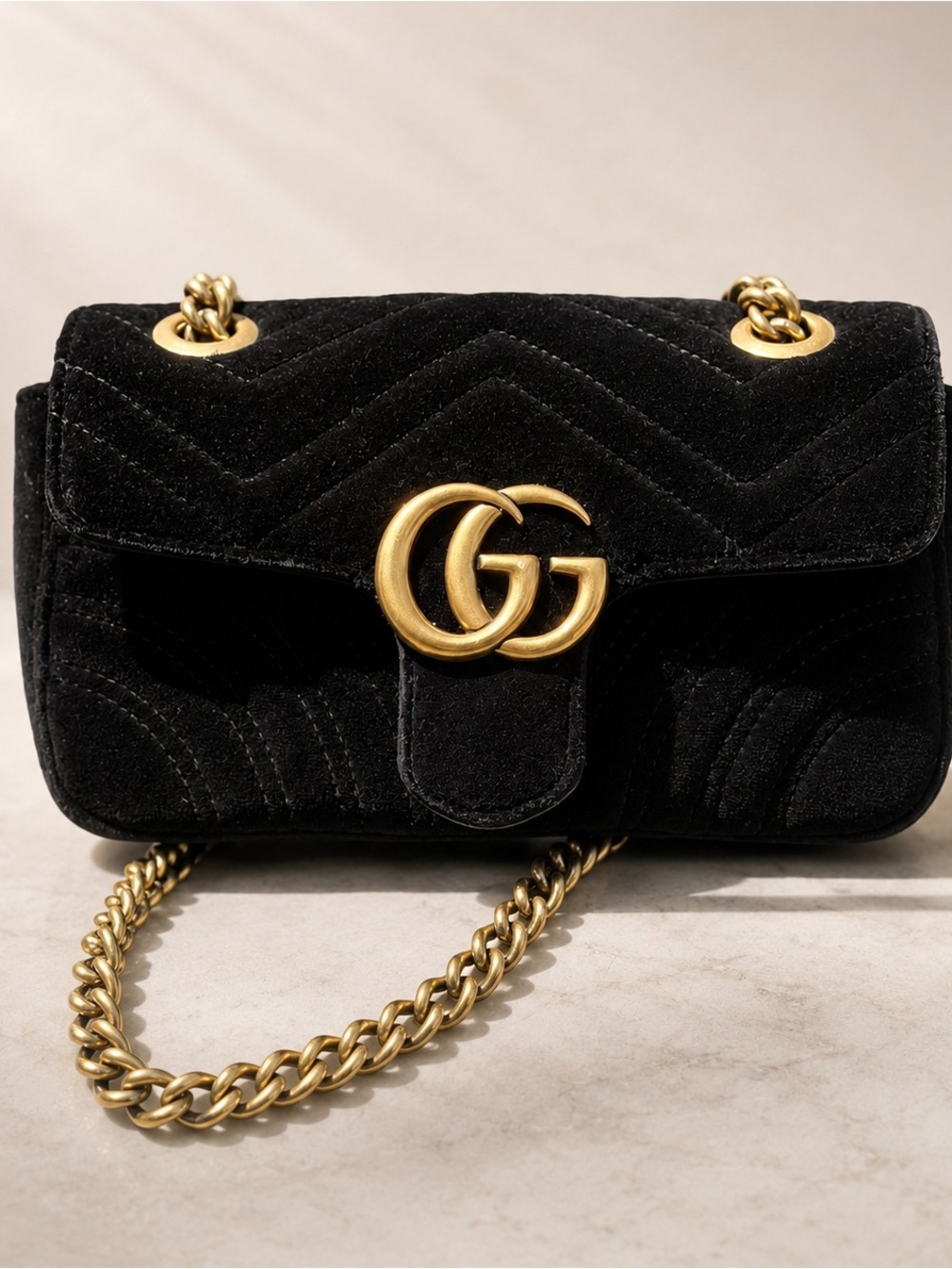 Gucci Black Velvet Marmont Mini Shoulder Bag with Gold Hardware